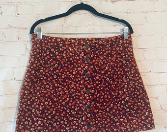 red floral button front skirt