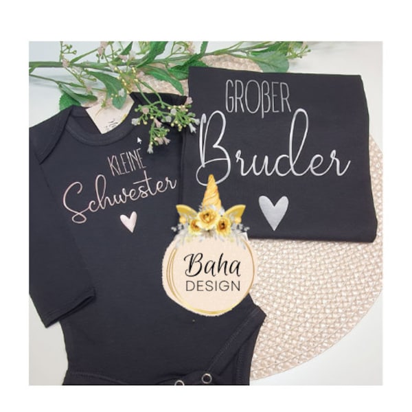 Geschwister Outfit, kl. Schwester, Gr. Bruder Body T-Shirt, Personalisiert Geschenk zur Geburt, Schwangerschaft verkünden, Fotoshooting