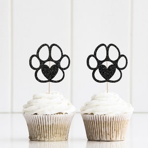 Dogs Paw with Heart Cupcake Topper | Dog Lover Party | Pet Birthday | Cupcake decoration | Mirror or Non-shedding Glitter Card Topper