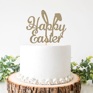 Happy Easter Cake Topper | Non-shedding Glitter or Mirror Card | Bunny Ears | Resurrection Sunday | Easter Cake Décor