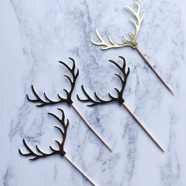 Reindeer antlers cupcake toppers - rustic party - woodland décor - non-shed glitter or mirror card - 6 or 12 in a pack