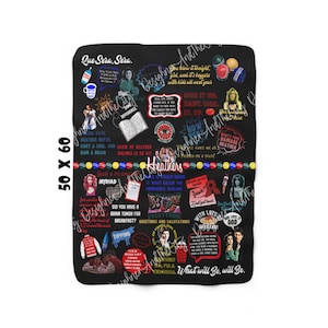 May include: A black and white throw blanket with a collage of images and text from the 1980s movie "Heathers". The text includes quotes from the movie, such as "Grow Up Heather Bulimia is 50 471" and "What's Your Damage Heather".
