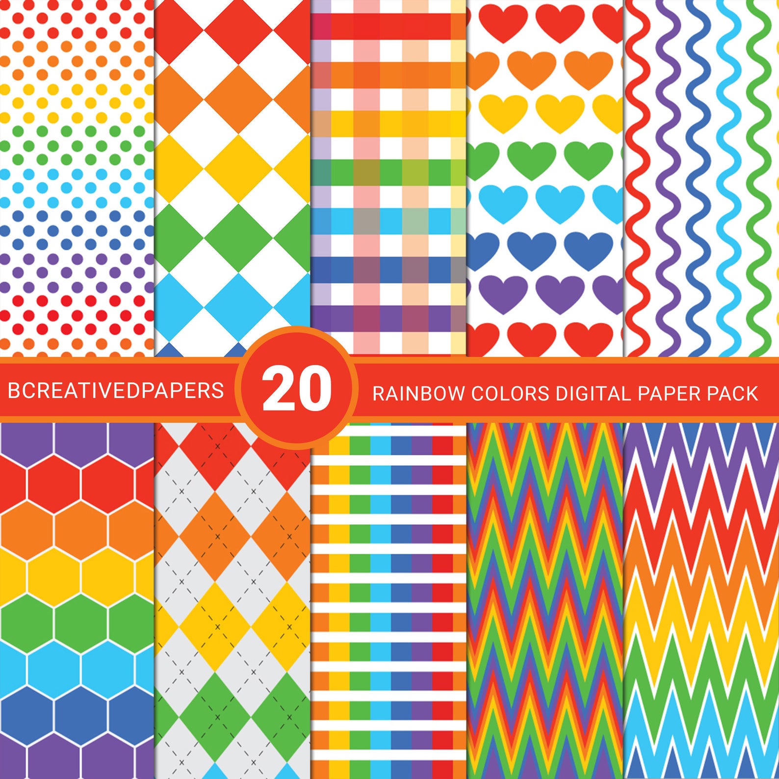 Rainbow colors digital paper pack 20. Multicolored Etsy