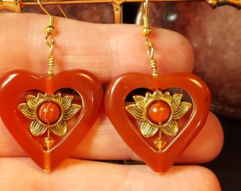 Carnelian Heart and Lotus Earrings