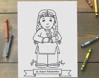 Página para colorir de St Kateri Tekakwitha para crianças católicas - Download digital - Imprima você mesmo e pinte