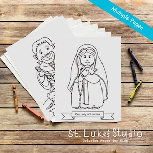Può includere: Pagine da colorare in bianco e nero con la Madonna di Lourdes e un santo. Le pagine fanno parte di un set di più pagine da colorare per bambini. Il testo "Madonna di Lourdes" e "St. Luke's Studio Pagine da colorare per bambini" è incluso sulla pagina.