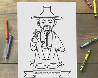 Página para colorir de Santo André Kim Taegon para crianças católicas - Download digital - Imprima você mesmo e pinte