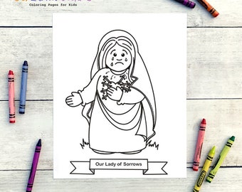 Página para colorir Nossa Senhora das Dores para crianças católicas - Download digital - Imprima você mesmo e pinte