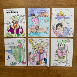May include: Six illustrated pages from a children's book about the story of Saint Patrick. The pages are colored with crayons and markers. The illustrations depict Saint Patrick as a young man, a priest, and a bishop. The pages also show Saint Patrick's journey to Ireland, his preaching to the Irish people, and his driving out the snakes from Ireland.