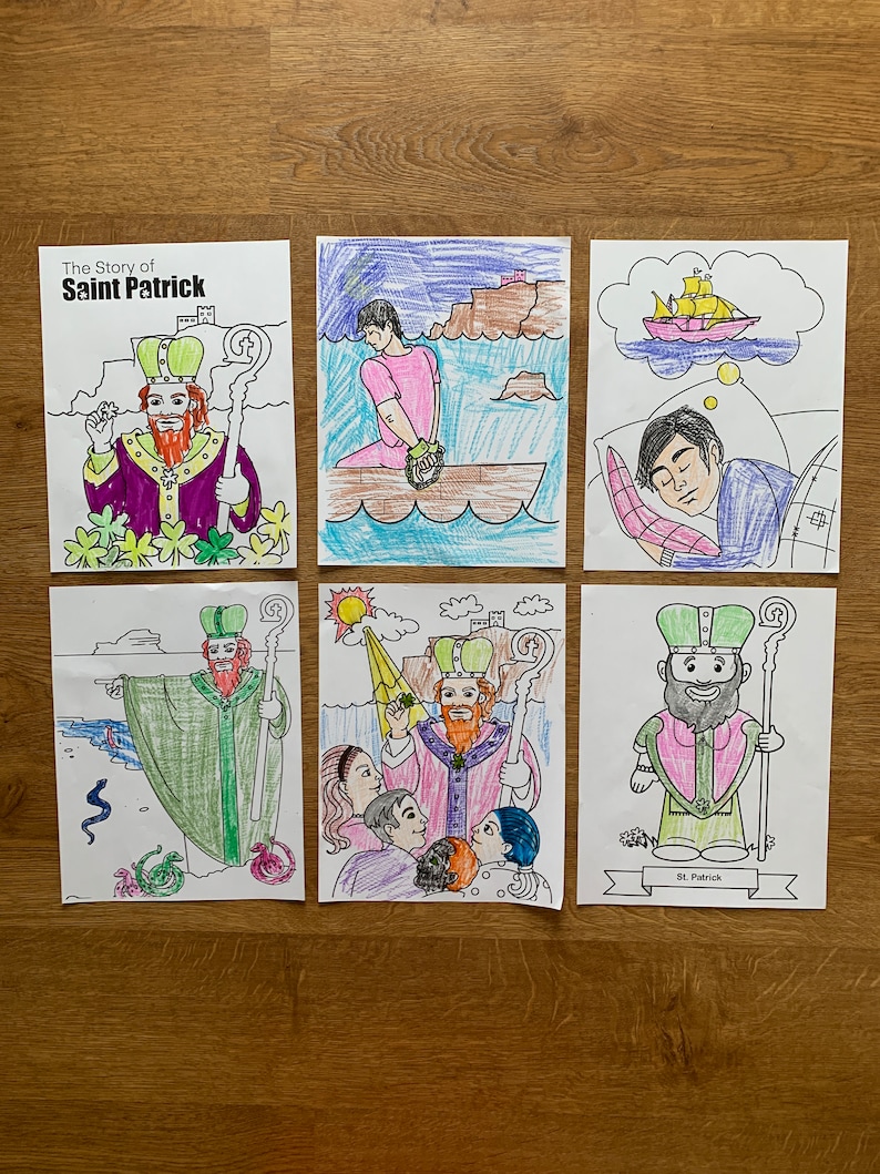 May include: Six illustrated pages from a children's book about the story of Saint Patrick. The pages are colored with crayons and markers. The illustrations depict Saint Patrick as a young man, a priest, and a bishop. The pages also show Saint Patrick's journey to Ireland, his preaching to the Irish people, and his driving out the snakes from Ireland.