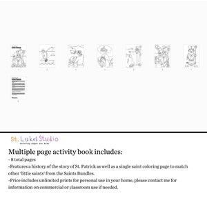 May include: Black and white coloring book pages featuring illustrations of St. Patrick. The book includes 8 pages and features a history of St. Patrick.  The book also includes a single saint coloring page to match other 'little saints' from the Saints Bundles.