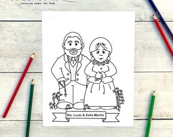 Página para colorir dos Santos Louis e Zélie Martin para crianças católicas - Download digital - Imprima você mesmo e pinte