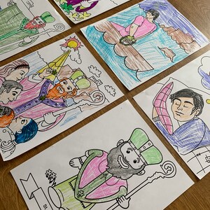 May include: Six coloring pages featuring St. Patrick, a shamrock, and other Irish symbols. The pages are printed on white paper and are ready to be colored.