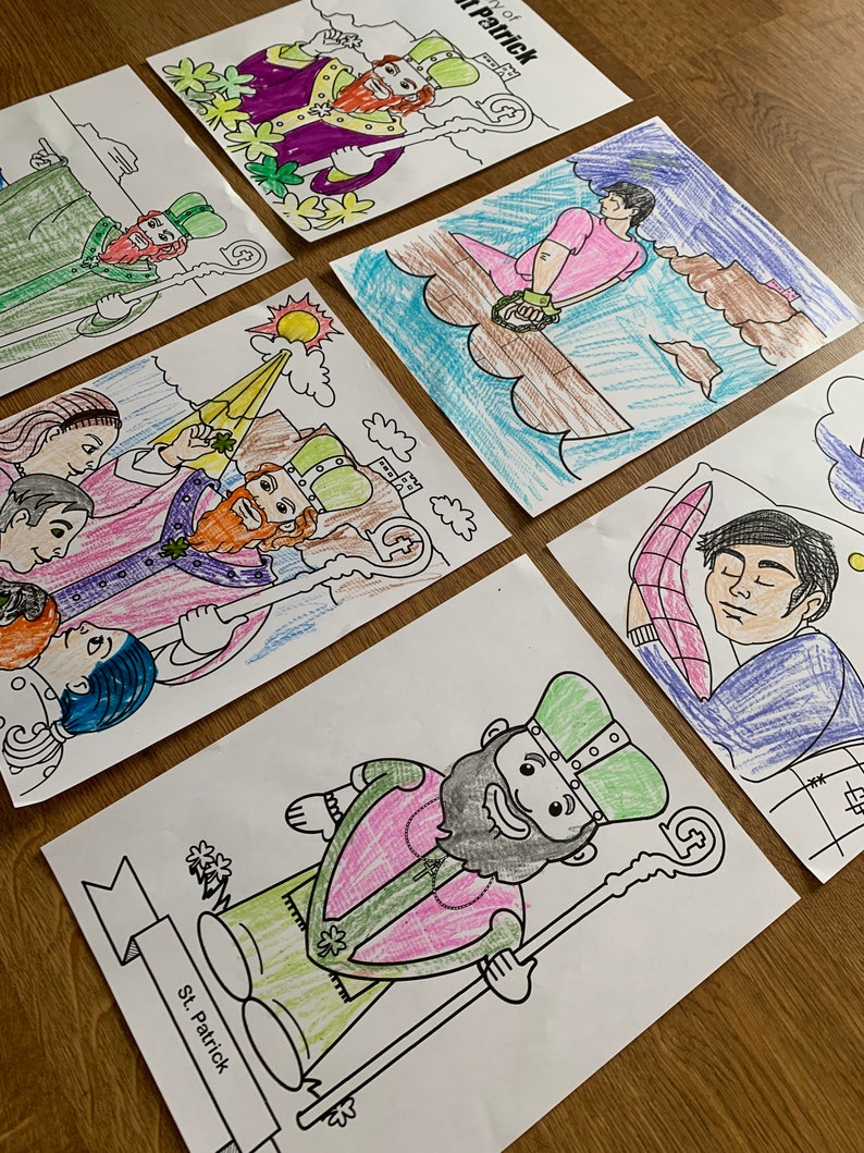 May include: Six coloring pages featuring St. Patrick, a shamrock, and other Irish symbols. The pages are printed on white paper and are ready to be colored.