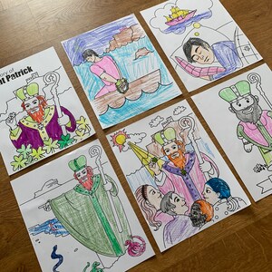 May include: A set of six coloring pages depicting the story of Saint Patrick. The pages feature illustrations of Saint Patrick driving snakes out of Ireland, Saint Patrick preaching to the Irish people, and Saint Patrick dreaming of a ship sailing to Ireland.