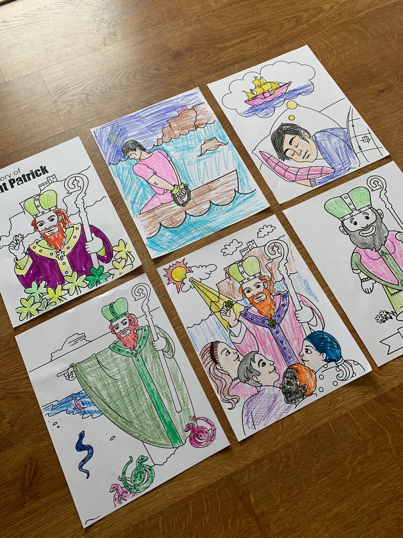 May include: A set of six coloring pages depicting the story of Saint Patrick. The pages feature illustrations of Saint Patrick driving snakes out of Ireland, Saint Patrick preaching to the Irish people, and Saint Patrick dreaming of a ship sailing to Ireland.