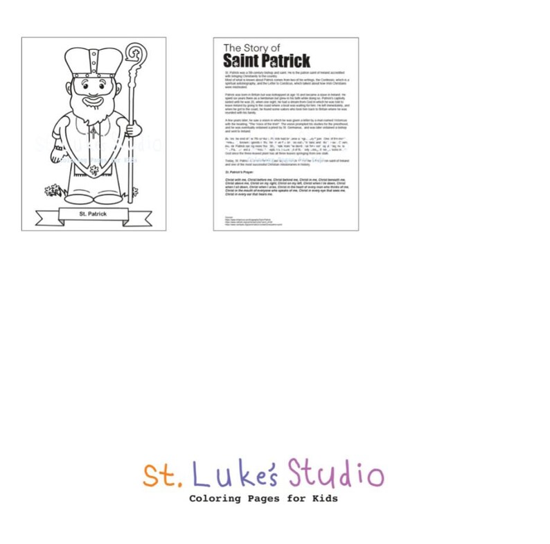 May include: Black and white coloring page featuring a cartoon illustration of Saint Patrick holding a staff. The page includes the text "The Story of Saint Patrick" and a short biography of Saint Patrick. The page is titled "St. Luke's Studio Coloring Pages for Kids".