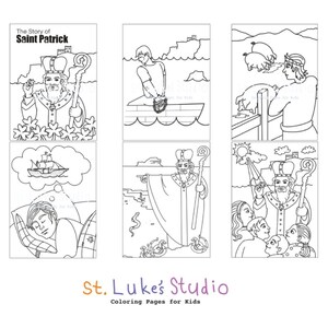 May include: Black and white coloring pages depicting the story of Saint Patrick. The pages include illustrations of Saint Patrick as a young man, a ship, a dream, and Saint Patrick driving snakes out of Ireland.