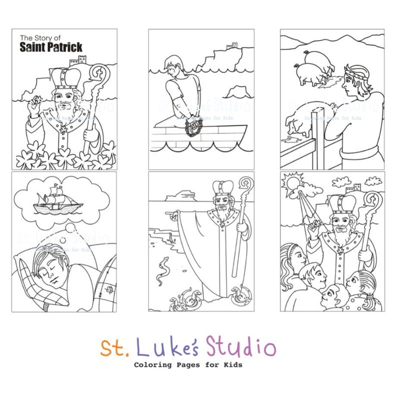 May include: Black and white coloring pages depicting the story of Saint Patrick. The pages include illustrations of Saint Patrick as a young man, a ship, a dream, and Saint Patrick driving snakes out of Ireland.