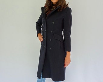 1960’s Navy Long Coat/Winter Fashion Coat/Winter Wool Coat/Preppy Styled Winter Coat / Size Small