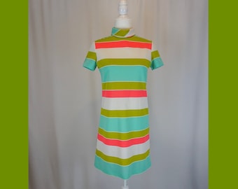 Size S/M - 1960s Vintage Blue, Green, Pink and White Striped Mod Midi Dress with Short Sleeved and Mock Collar / Summer and Spring Dress