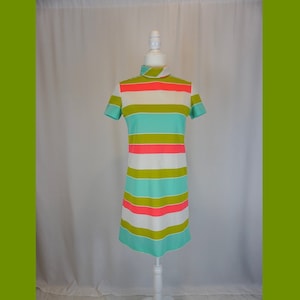 Size S/M 1960s Vintage Striped Sport Midi Dress with Short Sleeves and Mock Collar/ Summer Dress/ Casual Dress/ Bright colors Casual Dress