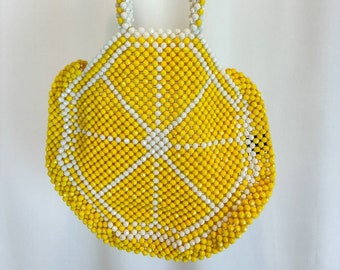 Modern Lemon Beaded Summer Purse/ Summer Accessories/ White and Yellow Beaded Purse