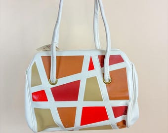 Bolso de mano geométrico vintage de los años 60 en tonos tostados, marrón, rojo y blanco - Stock remanente / Bolsos de moda / Bolsos casuales / Bolso moderno de mediados de siglo