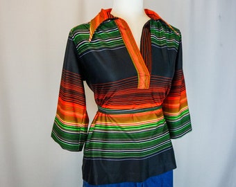 Size M - 1970s Vintage Colorful Striped Blouse with Sharp Collar/ Groovy Blouse/ Boho Shirts/ Classic blouse/ Southwest top/ Hippie
