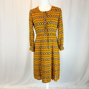 Size M/L - 1960s Vintage Brown Yellow and Orange Paisley Mid Century Long Sleeve Dress/ Mod Vintage Dress/ Retro Dress