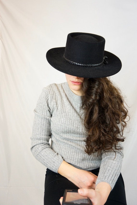 Vintage Ron Beeston Australian Made Supercraft Super Felt Round Brim Hat/ Outback Hats/ Vintage Boho Hats/ Black Rimmed Hat/  Stylish Hat