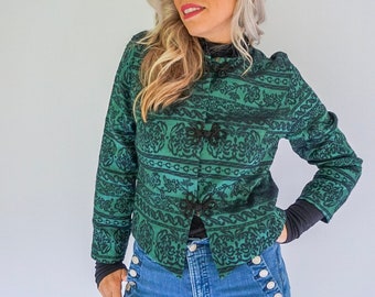 1980s/1990s S-M Green and Black Asian Flair Long Sleeve Top Soft Sateen Sheen Fabric Button Front Short Velour type collar/ Holiday Party