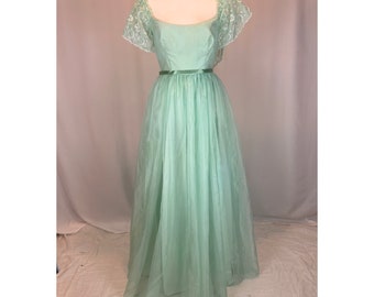Size S - 1970s Vintage Mint Green and White Floral Maxi Dress With Layered Ruffles/ Spring Dress/ Prom Dress/ Special Occasion Dress