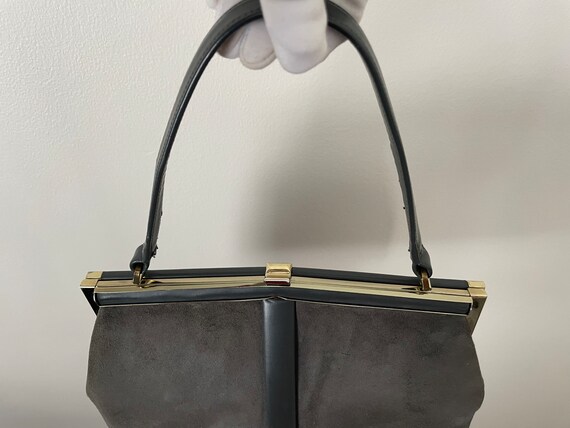 Vintage Grey Suede and Gold Trimmed Hand Bag with… - image 2