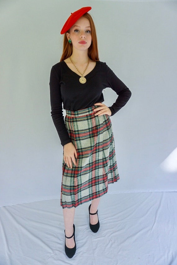 1970s Midi Pleated Green & Red Plaid Skirt with Bu