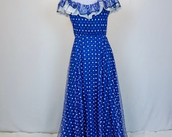 Size M - 1970s Vintage Blue and White Polka Dot Sleeveless Maxi Dress with Ruffles/ Spring and Summer Dress/ Vintage Prom Dresses