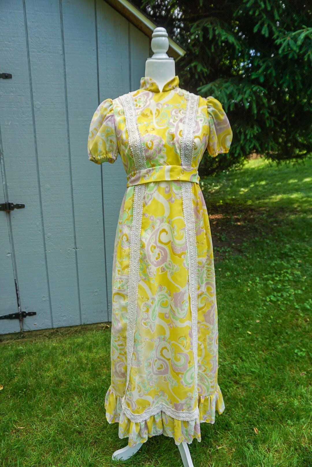 1970s Vintage Yellow Purple and Green Paisley Dress