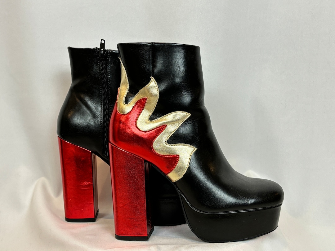 Size 7 M Flame Pattern Platform Ankle Boots Black With Shiny Gold and ...