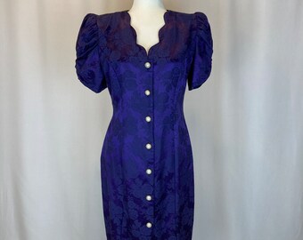 Size M - 1980s/90s Vintage Deep Purple Floral Button Down Midi Dress / Vintage Party Dress/ Evening Dress/ Flower Printed Dress