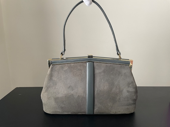 Vintage Grey Suede and Gold Trimmed Hand Bag with… - image 1