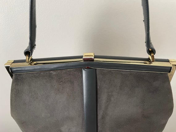 Vintage Grey Suede and Gold Trimmed Hand Bag with… - image 3