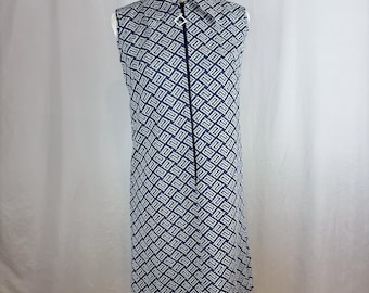 Talla M - Vestido estilo tubo sin mangas con cuello elegante, estampado moderno de mediados de siglo, estilo años 60, azul marino y blanco, estilo moderno de mediados de siglo, para verano.