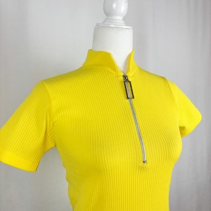 Size S - 1960s Vintage Mod Bright Yellow Short Sleeve Shirt with Rectangle Zipper/ Mid Century Modern/Summer and Spring Shirts/ Vintage Tops