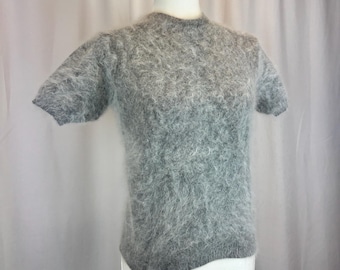 Size S/M - 1960s/1970s Vintage Soft Fuzzy Cashmere Grey Short Sleeve Sweater/ Winter Sweaters/ Made in Japan/ Cashmere Sweater/ Fall Tops