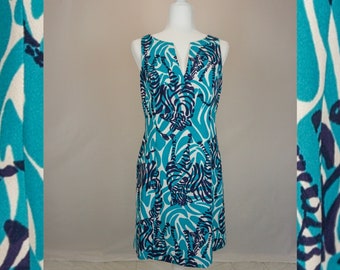 Size L - Modern Lilly Pulitzer Blue and White Sleeveless Dress with Black Zebra Print / Summer Dress/ Evening Dress/ Animal Print Dress