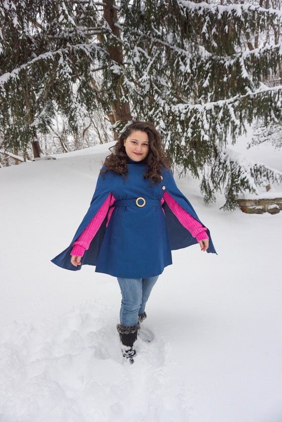 vintage 1960s blue wool cape / Handmacher navy boucle capelet jacket /white grosgrain trim