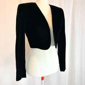 Size S/M - 1980s/90s Vintage Cache Black Velvet Short Jacket with Shoulder Pads/ Party Jacket/ Holiday Jacket/ Vintage Crop Jacket