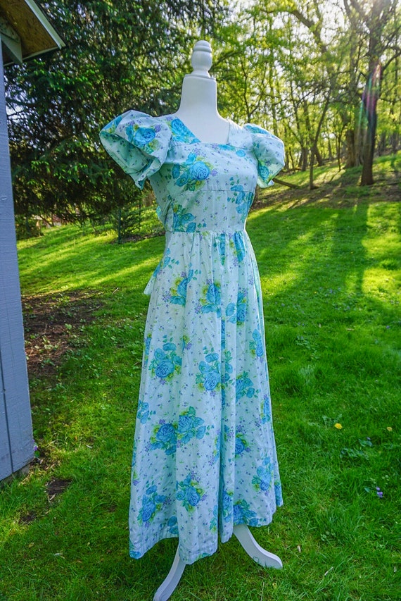 1970s Vintage Blue Rose Maxi Dress/ Short Sleeves… - image 2