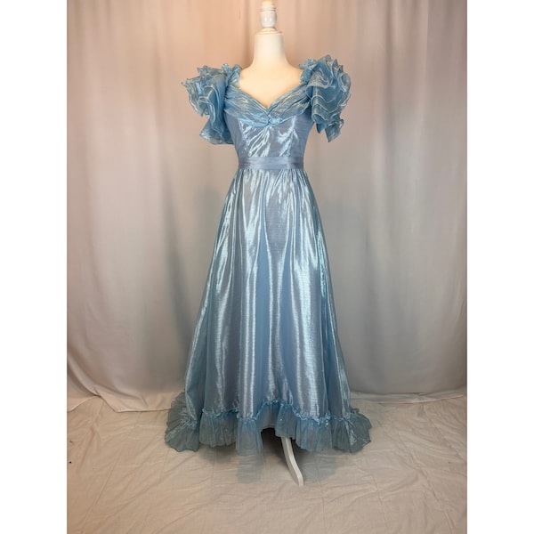 Size S - 1970s Light Blue Shimmer Long Gown With Ruffle Sleeves and Train / Spring Dress/ Prom Dress/ Wedding Dress/ Special Occasion Dress