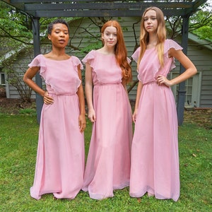 XS, S, & M 1970s Vintage Pink Pastel Maxi Bridesmaids dresses With Sheer Sleeves and Back Ruffles/Spring Dresses/ Wedding Dresses image 2